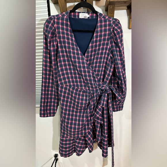 Tanya Taylor Lexi Wrap Dress in Pink Navy Plaid Long Sleeve 8 - Picture 7 of 16
